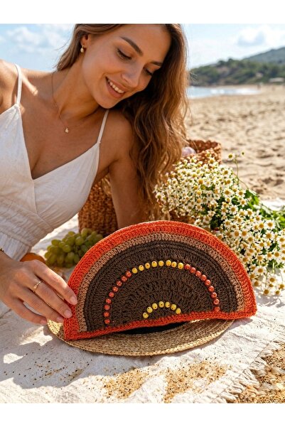 Enie Γυναικείο πορτοκαλί ψάθινο τσαντάκι με στρογγυλό σχέδιο