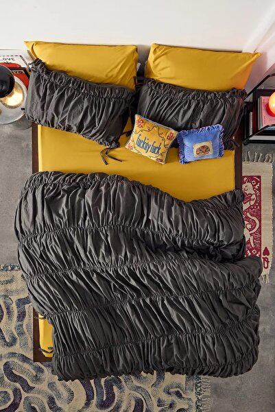 İQON Σετ Παπλωματοθήκη Μονόπλευρο Πλισέ Ανθρακί