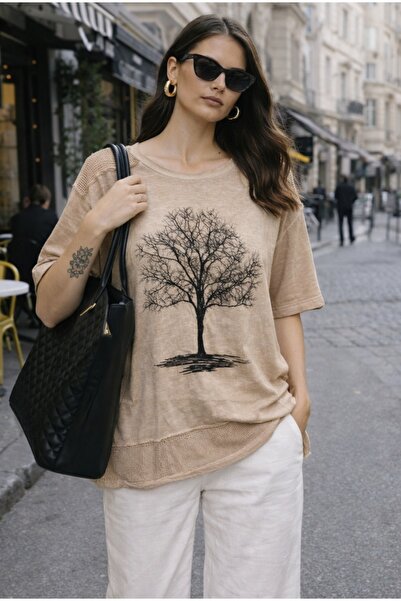 Rosidam Γυναικείο κοντομάνικο μπλουζάκι με στάμπα δέντρου από πέτρες