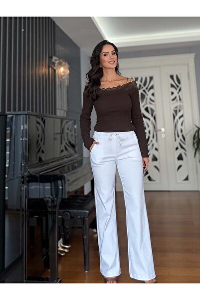 Atelier Derin Pantaloni Palazzo din Lycra cu talie elastică albă
