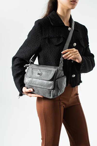 571 Collections Çanta Δερμάτινη τσάντα ώμου με λουράκι, γκρι χρώμα, Μοντέλο: ...