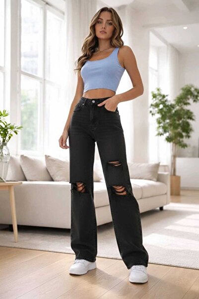 NWC Love 90`s Lycra Loose γυναικείο μαύρο τζιν παντελόνι Palazzo με 3 σκισίμα...