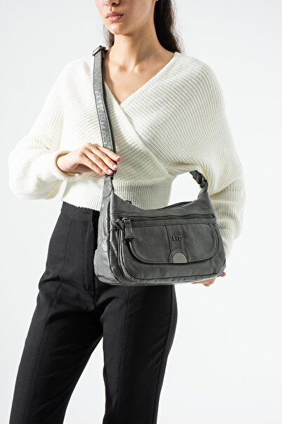 571 Collections Çanta Δερμάτινη τσάντα ώμου με λουράκι, γκρι χρώμα, Μοντέλο: ...