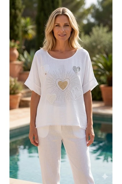 Punta Otantik YG46440 Ιταλική Ακατέργαστη Λινή Μπλούζα με Καρδιές και Πέτρες ...