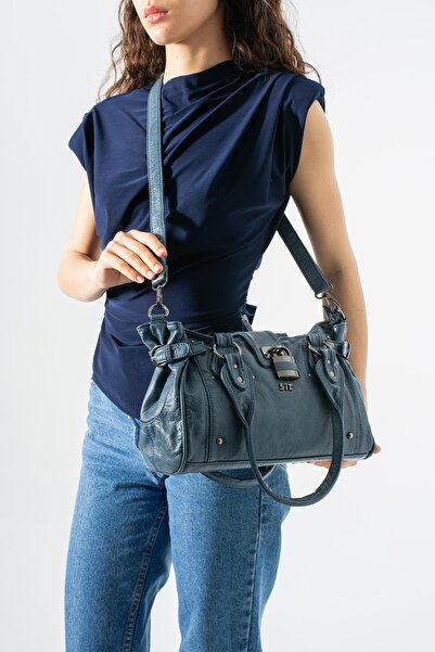 571 Collections Çanta Πλυμένη δερμάτινη τσάντα ώμου μπλε - Με αξεσουάρ κλειδα...