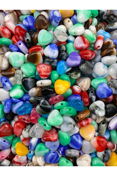 Hedef Bijuteri 14mm Karışık Renkli Ebruli Desenli Plastik Kalp Model Boncuk, Hobi, Takı Boncuğu (25gr,~50Adet)