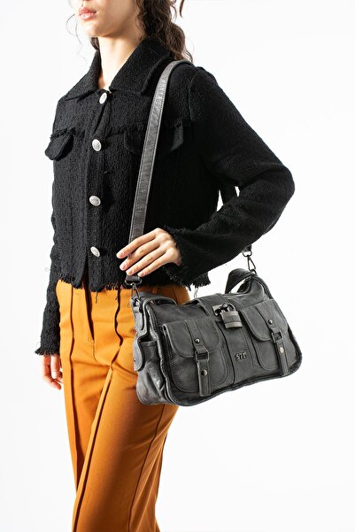 571 Collections Çanta Πλυμένη δερμάτινη τσάντα ώμου γκρι - Με αξεσουάρ κλειδα...