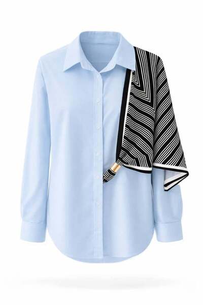 Miss Poem Γυναικείο μπλε πουκάμισο με ασύμμετρο σχέδιο και λεπτομέρεια σάλιου