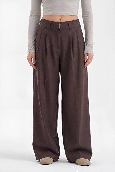 tw3 Γυναικείο λινό υφασμάτινο παντελόνι με πιέτες και εσωτερική ζώνη με διακο...