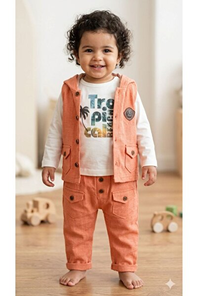 berkMICIRIK Baby Kids Hooded Linen Shirt Pants Sweatshirt 3-Piece Set