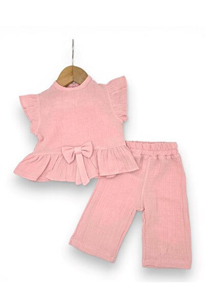 voyyo kids baby Kız Bebek Yazlık Müslin Fiyonk Detaylı Pantolonlu, Bluzlu 6-9...