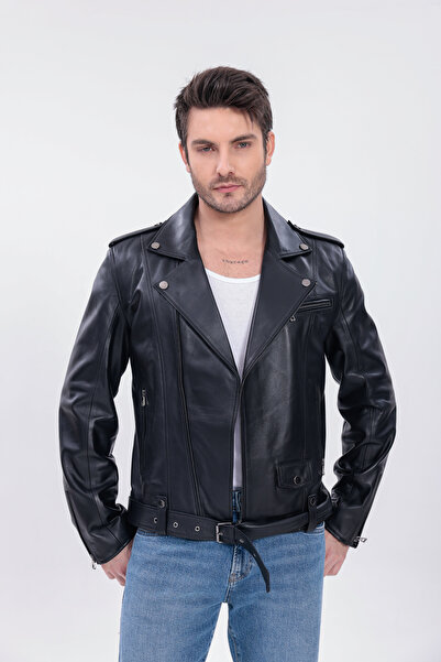 Metins Leather Erkek Motorcu Hakiki Deri Mont - Kemer Detaylı 1104Natural