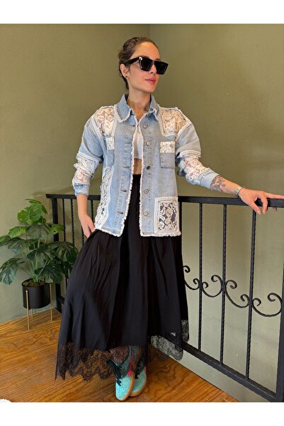 Ali Butik Beyaz Dantel Detaylı Denim Ceket