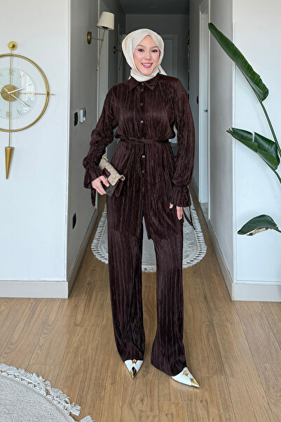 Tesettür Diyarı Noa Piliseli Πουκάμισο-Παντελόνι από τσαλακωμένο ύφασμα με δε...