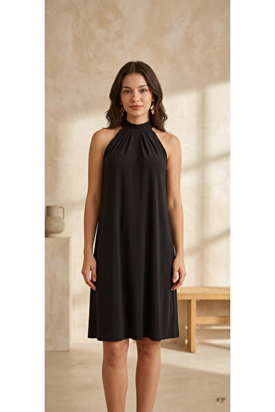 MELA ROSSA Γυναικείο μαύρο φόρεμα με λαιμόκοψη halter, μήκους midi, με λεπτομ...