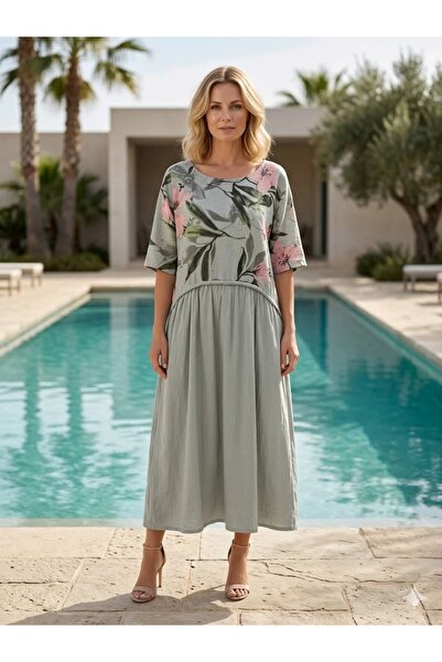 Punta Otantik PT915311 Λινό φόρεμα Ιταλικού στυλ με λεπτομέρεια από κορδόνι σ...