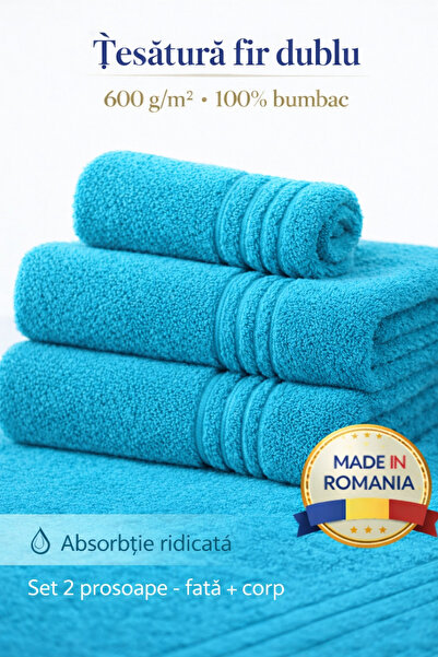 Set de 2 prosoape de bumbac premium pentru hotel, 100% bumbac, 600g/m2, 70x140cm + 50x90cm, Fabricat în România miniatura 3