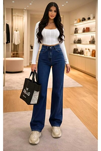 NWC Christina 90`s Lycra Casual Γυναικείο Σκούρο Μπλε Παντελόνι Τζιν Palazzo ...