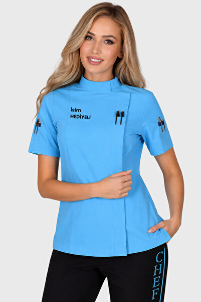 Üniformanya Δώρο με όνομα Τιρκουάζ Μπλε Κοντομάνικο Γυναικείο Μπουφάν Σεφ Μπο...