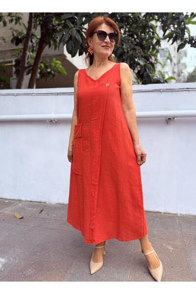 DenizEge Φόρεμα με λινό λουράκι και μεγάλη τσέπη, λουλούδι ρόδι