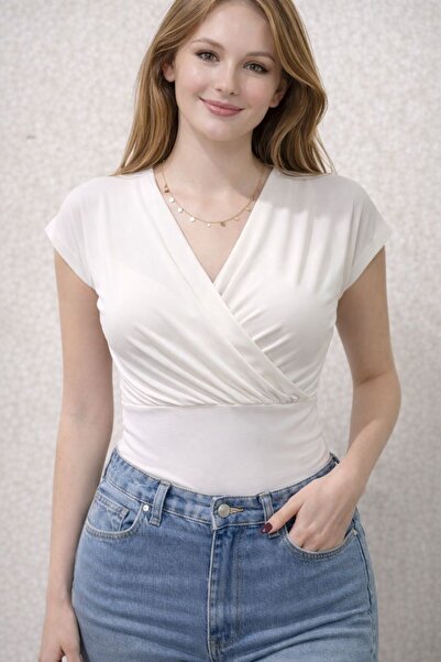 peri tower Γυναικεία μπλούζα με διπλό στριφωμένο γιακά, κοντό μανίκι, λαιμόκο...