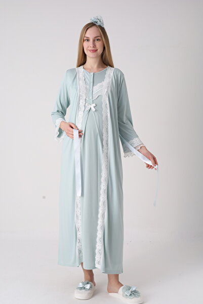 ERDENİZ TEKSTİL Women's Guipure Lace Detailed Maternity Dressing Gown and Nig...