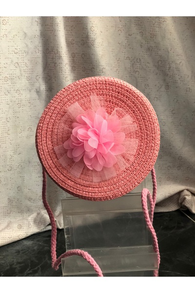 MEESÇanta Pembe Çiçek Detaylı Hasır Yuvarlak Omuz Çantası