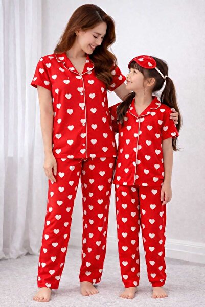 zahider Комплект памучни летни пижами с къс ръкав и копчета за майка и дъщеря