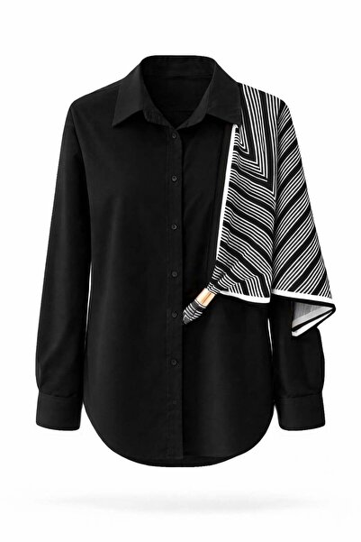 Miss Poem Women's Asymmetrical Patterned Black Shirt with Shawl Detail