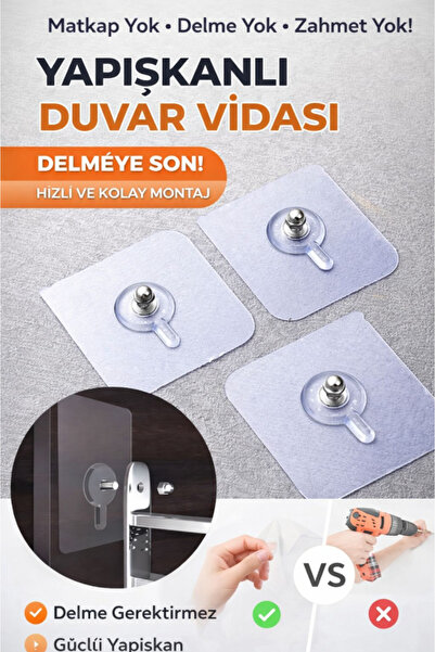 TUMU LIFE Pratik 1 Adet Güçlü Yapışkanlı Duvar Vidası Matkap Delme Yok - Elbi...