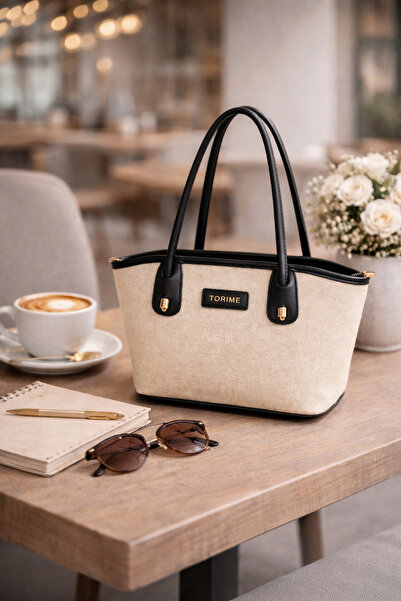 torime Γυναικεία μαύρη τσάντα ώμου από λινό (καμβά) με δερμάτινη λεπτομέρεια,...