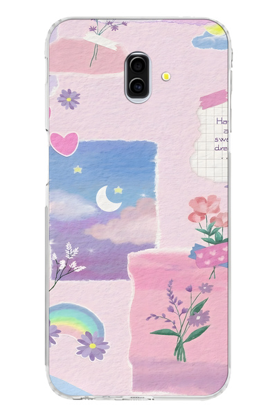 FLAMENKO Samsung Galaxy J6 Plus Uyumlu Pastel Çiçekli Ay ve Gökkuşağı Desenli...