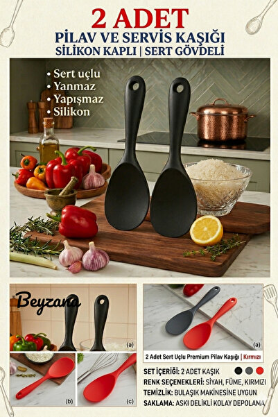 BEYZANA 2 Adet Karışık Renk Sert Uçlu Silikon Servis Pilav Kaşığı