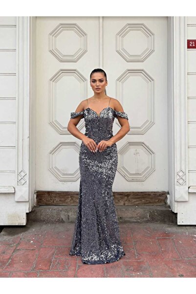 WoolnClyde Γυναικείο μακρύ βραδινό φόρεμα με λουράκι από ανθρακί κορδόνι, ανο...