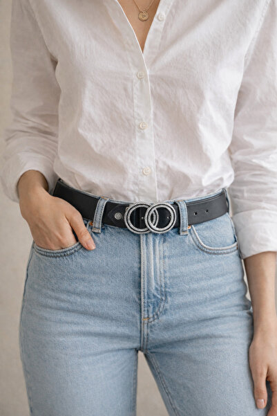 Pratsska Women's Black Faux Leather Double Ring Buckle Belt – Stylish Casual ...