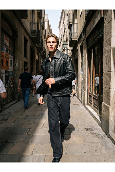 BASEL.CO Δερμάτινο μπουφάν με κουμπιά και λεπτομέρεια ραφής τύπου Zra - Μοντέ...