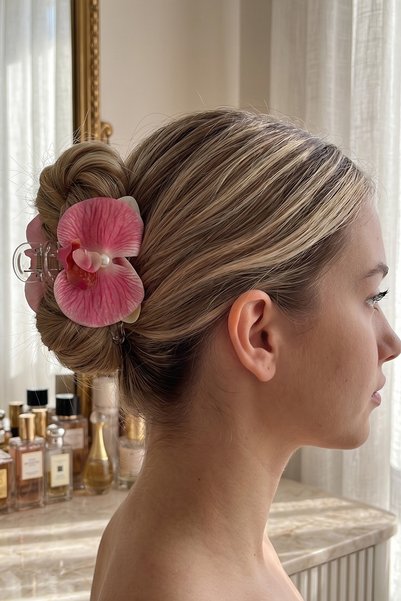 ALYRA Flower Detailed Clip-On Hairpin with Clasp, Large Size Hawai Hairpin, Stylish Accessory 13 cm