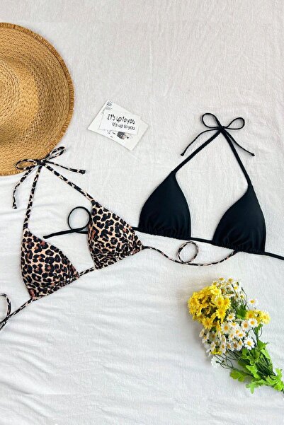 melonika Kadın Leopar Desenli Ve Siyah Minimal Kesim Üçgen Bikini Üstü