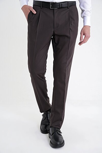 Efor Comfort Fit Yan Cep Esnek Pamuklu Gabardin Tek Pileli Kahverengi Pantolo...