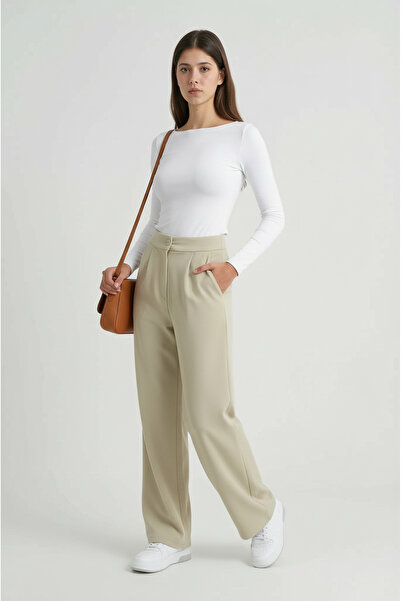 MODASPARK Sage Green High Waist Pocketed Buttoned Lycra Women's Palazzo Trousers