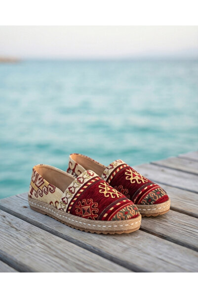 futsi shoes Kilim Desenli Hasır Taban Nakış Detaylı Hakiki Deri Kadın Espadri...