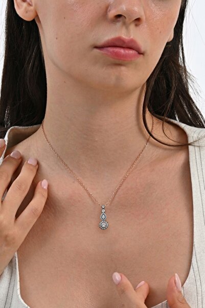 Söğütlü Silver 925 Ayar Gümüş Kolye Rose Kaplama Tria Modeli Elmas Montür Kol...