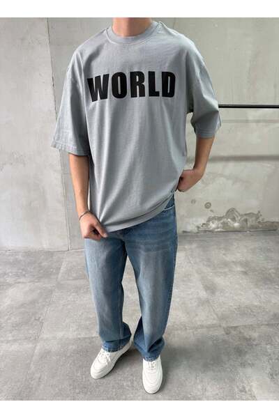 DIFRANSEL JEANS Washable World Printed Gray Oversize T-Shirt