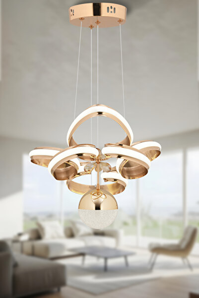 Dekorluna Summer Modern 3 Renk Işık Özellikli Gold Kaplama Sarkıt Led Avize Salon Avize