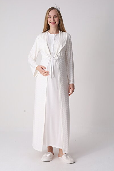 ERDENİZ TEKSTİL Cotton Jacquard Maternity Nightgown Set with Lace - Maternity...