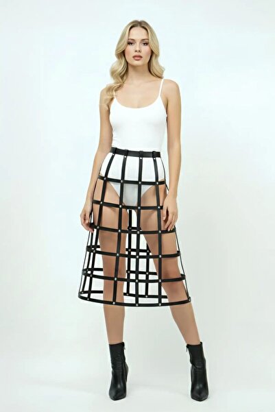 Mariposa Secret Black Skirt with Leather Stripes and Cage Detail - Midi Lengt...