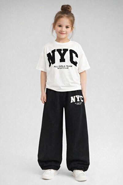 Baxia KıZ Çocuk NYC BASKILI-Bol Eşofman Altı TSHİRT Takım BAGGY YENİ ÜRÜN ( Y...