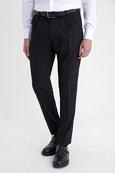 Efor Comfort Fit Side Pocket Stretch Cotton Gabardine Single Pleated Black Tr...
