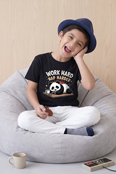 Funkaar Unisex Kids' Work Hard, Nap Harder Panda Cotton T-Shirt