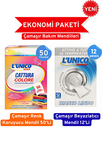 LUNICO Çamaşır Renk Koruyucu Mendil 50'Li + Beyazlatıcı Mendil 12'Li - Deterj...